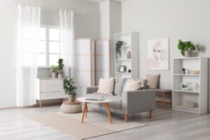 Light,Living,Room,With,Folding,Screen,,Comfortable,Sofa,,Coffee,Table